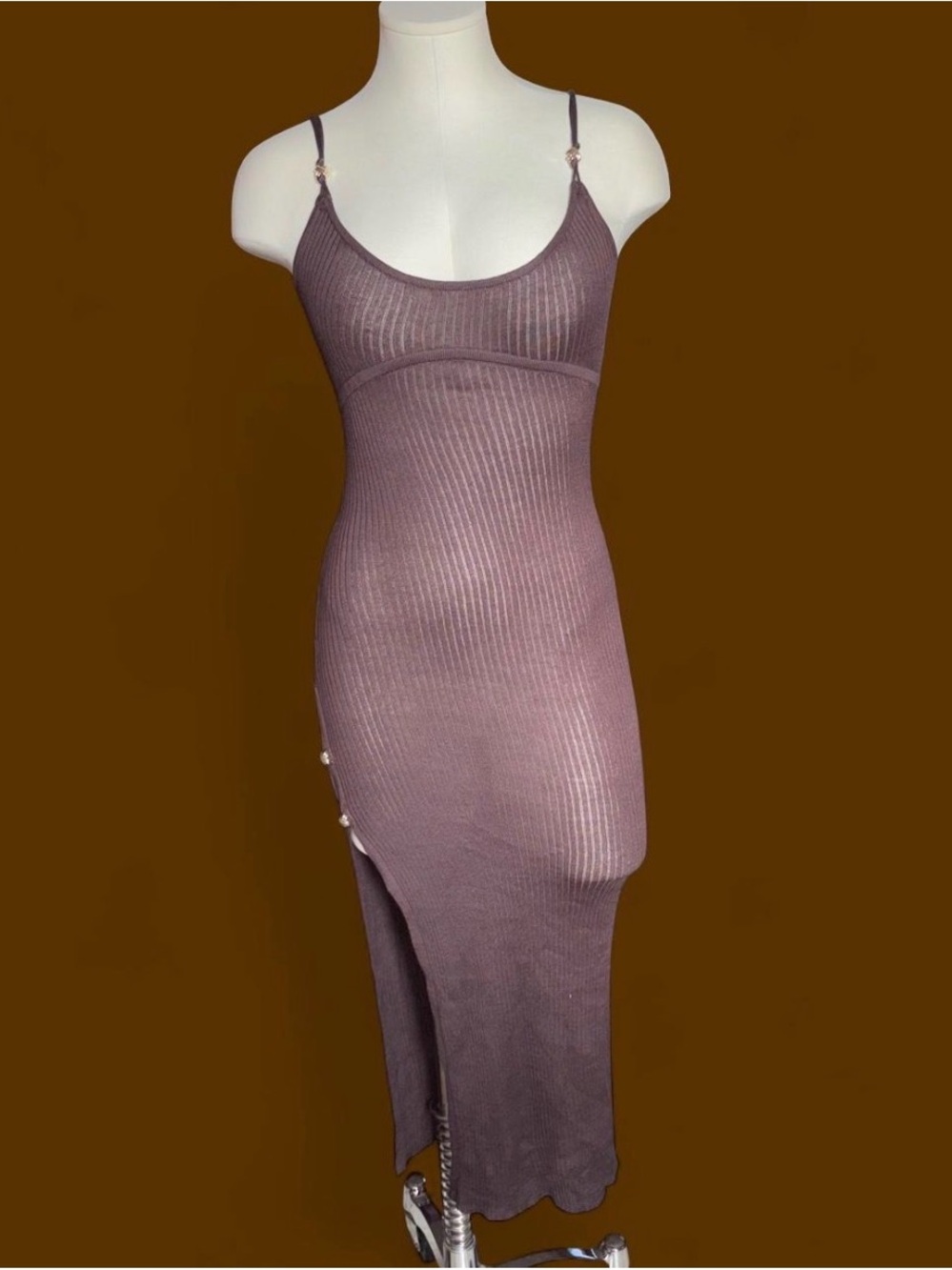Savage X Fenty Brown Ribbed Slip Dress with Side Buttons